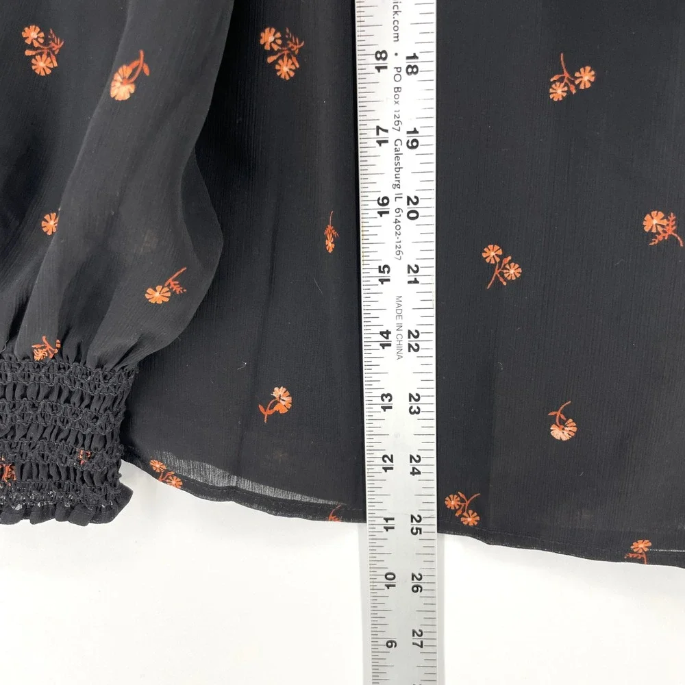 Madewell Smocked Mockneck Long Sleeve Top Black Floral Sheer Chiffon Small S